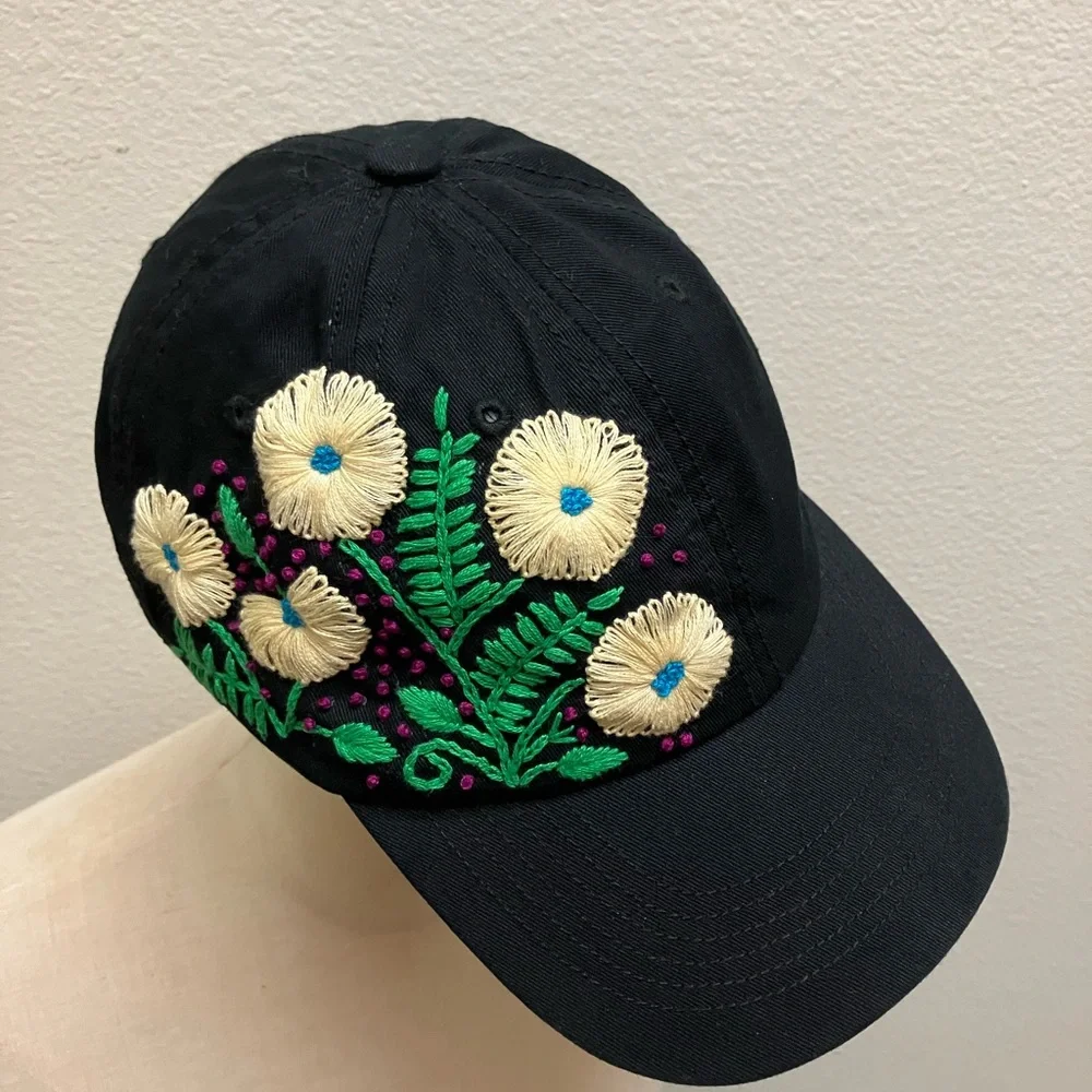 Floral Hand Embroidered Black Cap Adjustable Summer Handmade Boho Hippie Fashion